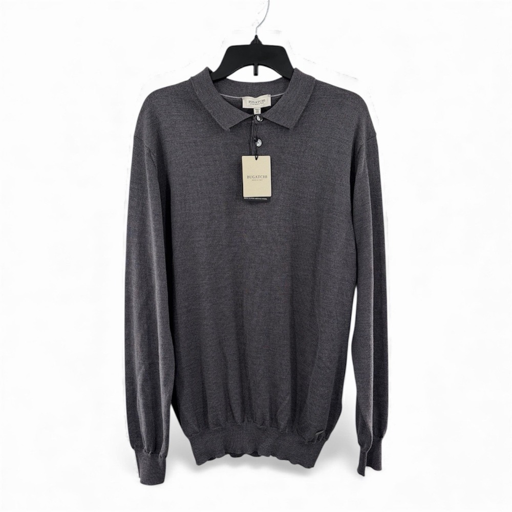 Bugatchi 100% Super Merino Wool Long Sleeve Polo Sweater Men Size 2XL Anthracite